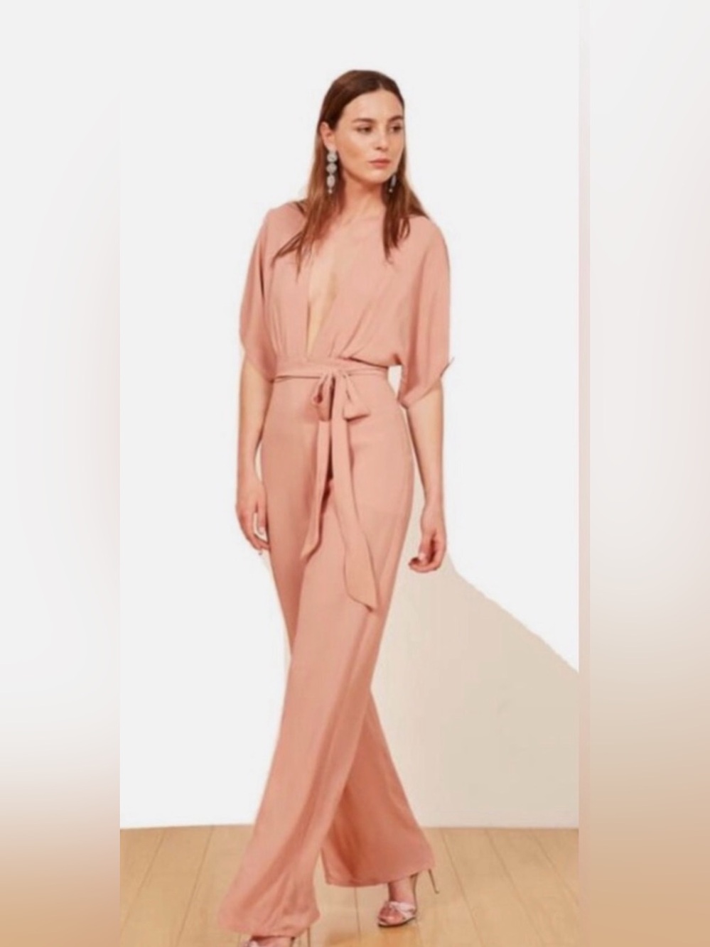 Reformation Lemongrass Jumpsuit in Blush Pink Deep V Tie-Waist